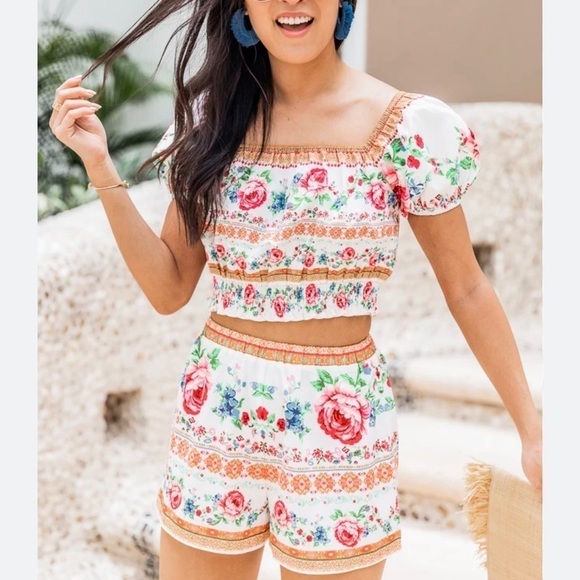 Pink Lily Pants - Pink Lily Memorize Floral Print Top and Short Set
